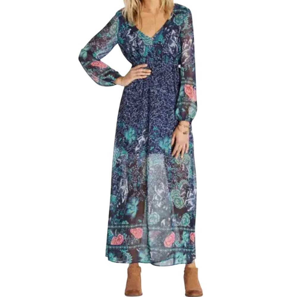 Billabong Boho Floral Chiffon Maxi Dress Navy Sheer Long Sleeve Lined S Petite